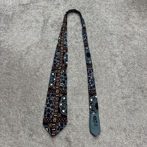 LIZK Vintage 90s 100% Silk Neck Tie Mens Blue Brown Geometric Baroque Italy Made
